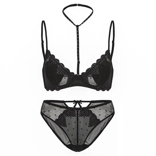 New French Mesh Embroidered Ultra-Thin Gathering Bra Set High Split Halte Underwear Sexy Lingerie