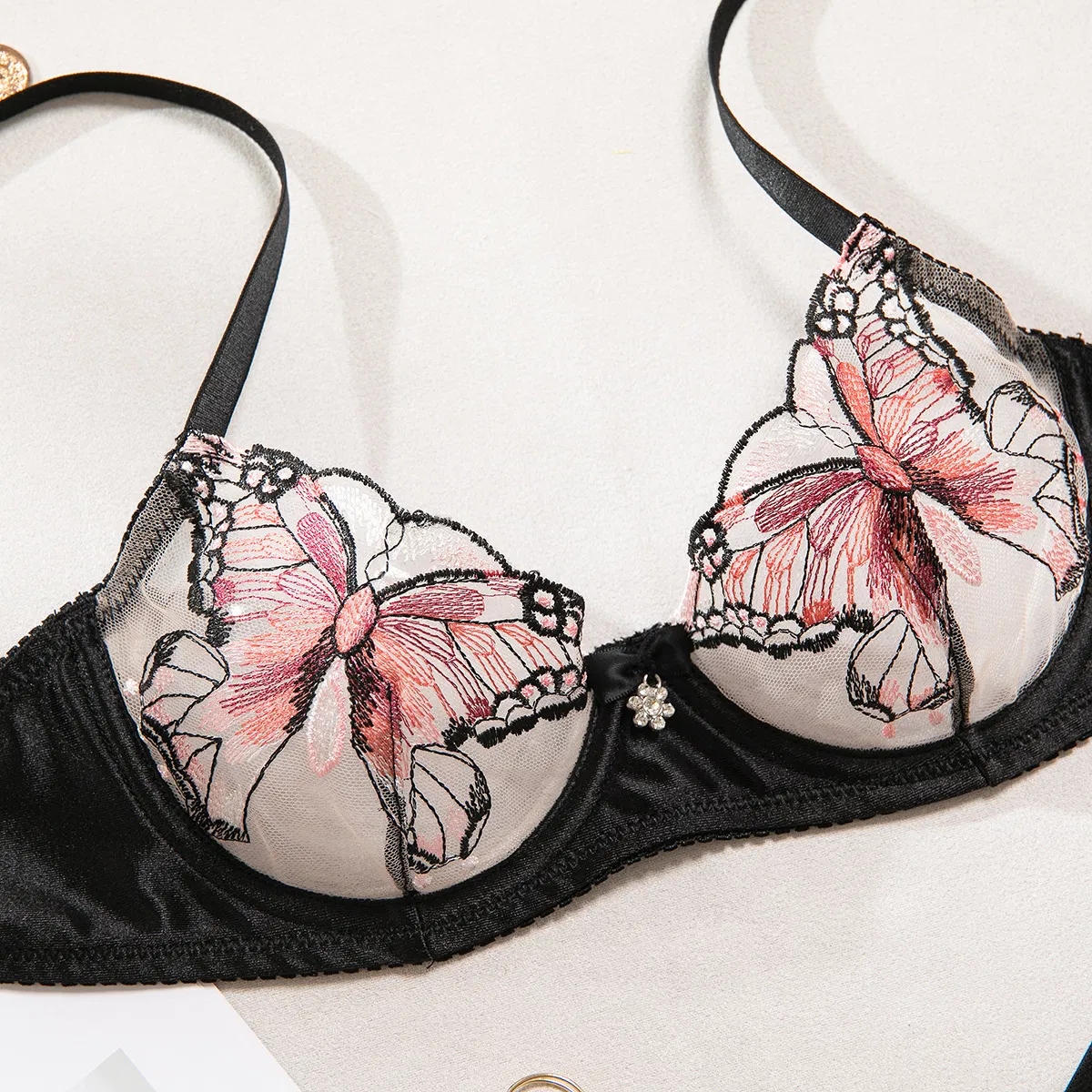 Sexy See-Through Mesh Butterfly Embroidery Bra Set New Fashion 2-Piece Woman Lingerie