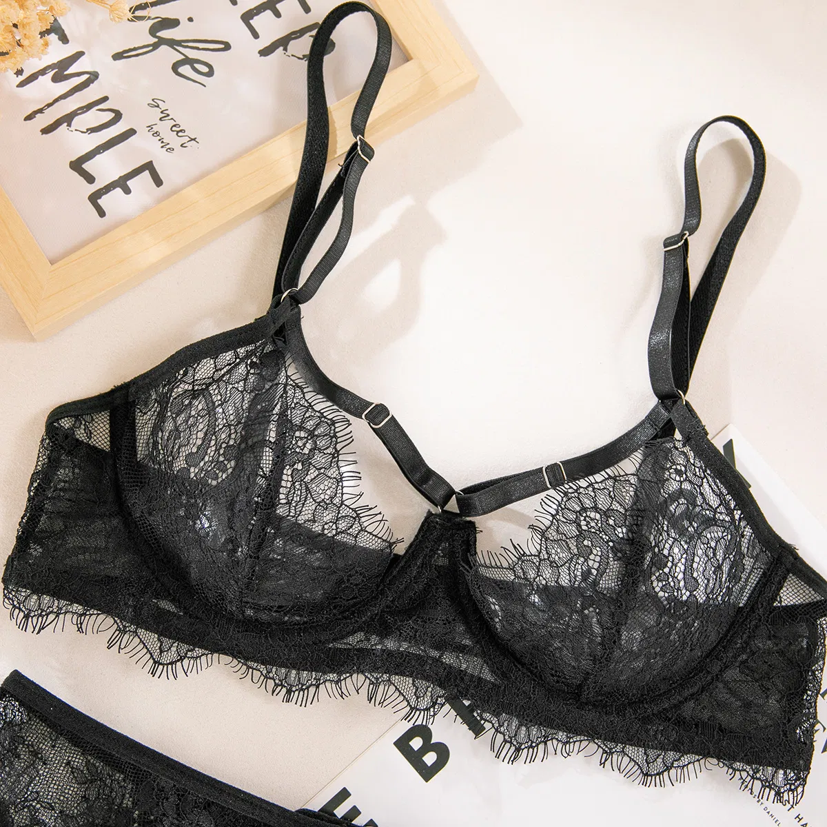 Sexy Floral Embroidery Transparent Mesh Underwear Set Wholesale 2PCS Woman Lingerie
