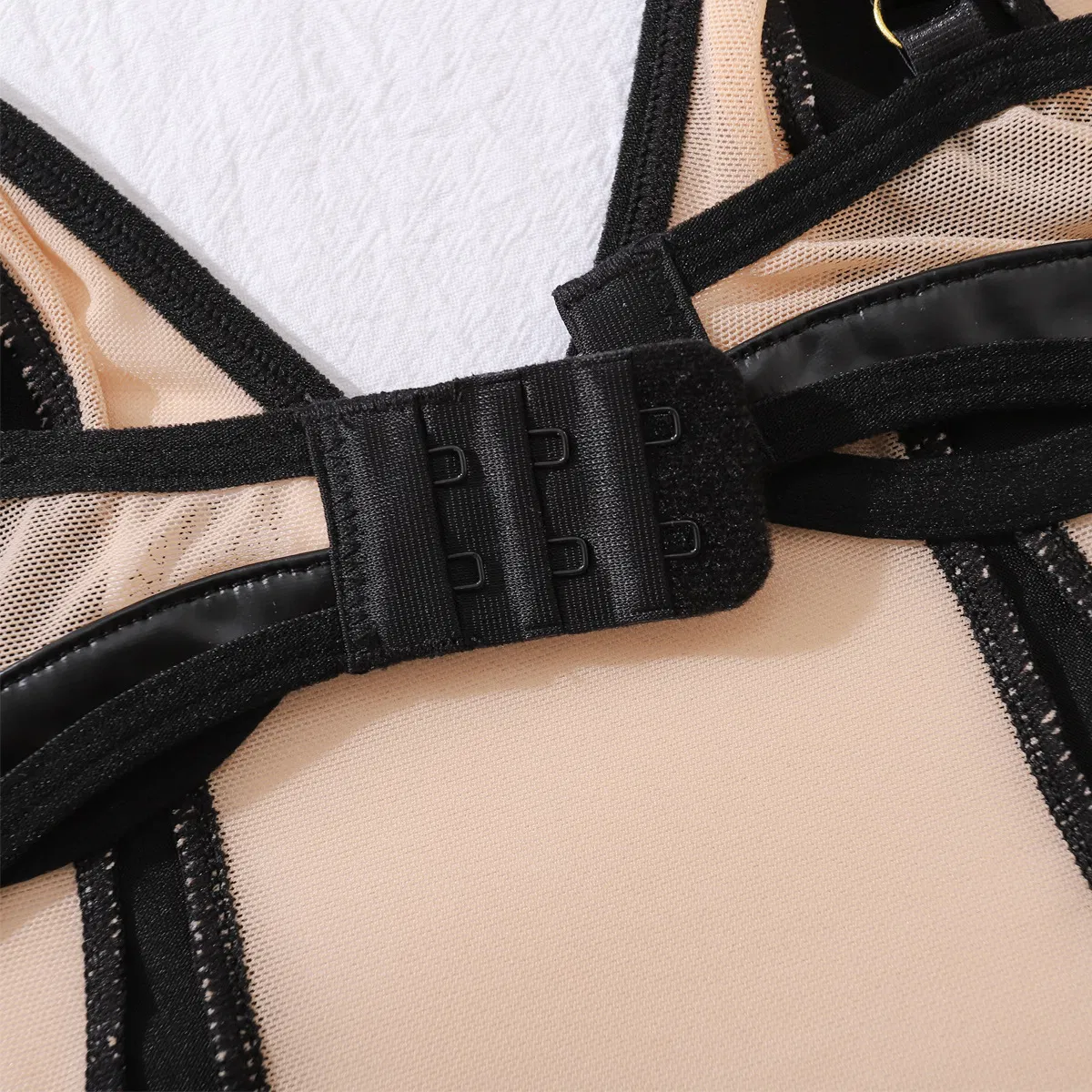 Sexy PU Leather Splicing Ultral-Thin One Piece Lingerie Set New Erotic See Through Bodysuit