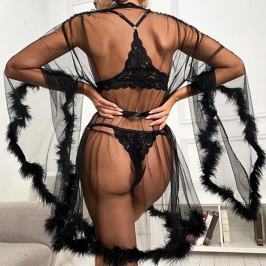 Wholesale See-Through Mesh Long Leeve Sleepwear with Fur Sexy Solid Color Woman Robe