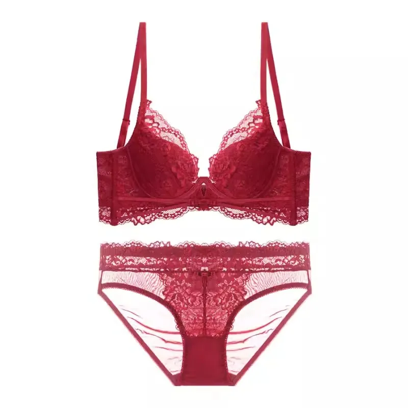 2025 New French Wholesale Embroidery Lace Trim Sexy Breathable Bra Ultra-Thin Halter Neck Set Underwear Lingerie