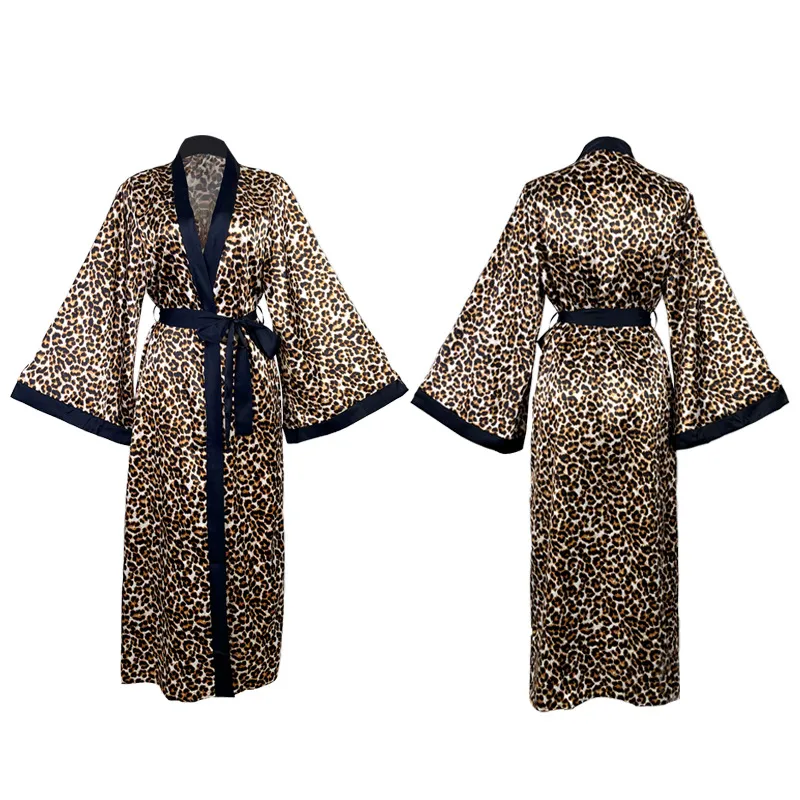 Sexy Satin Leopard Print Long Sleepwear for Woman Wholesale V-Neck Silk Night Robe