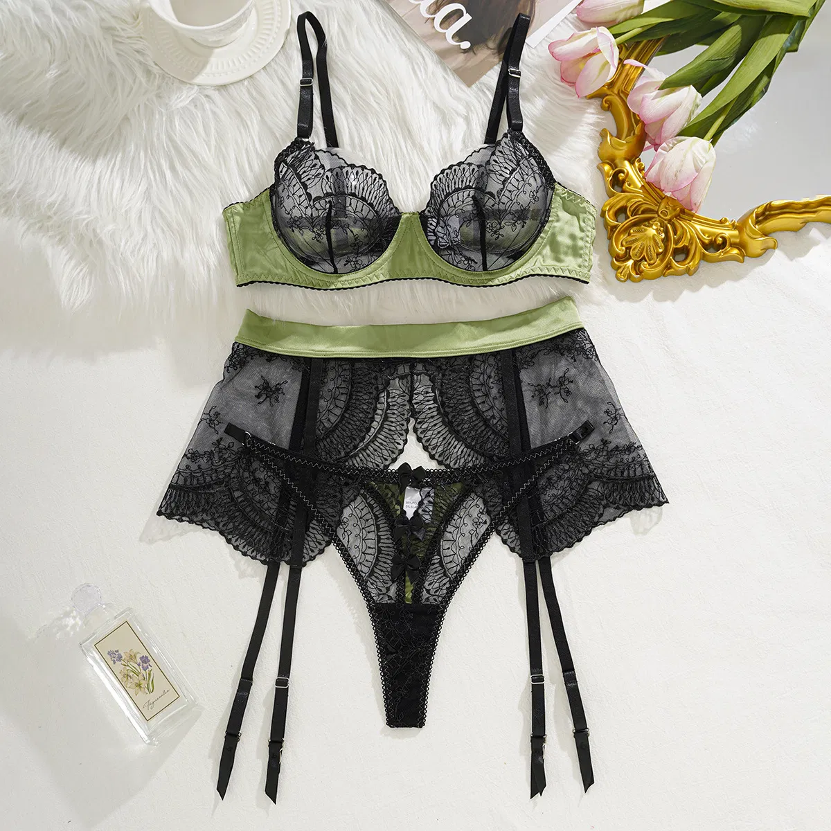 Sexy Women Contrast Color Splicing Bra Set New Mesh Perspective Lingerie