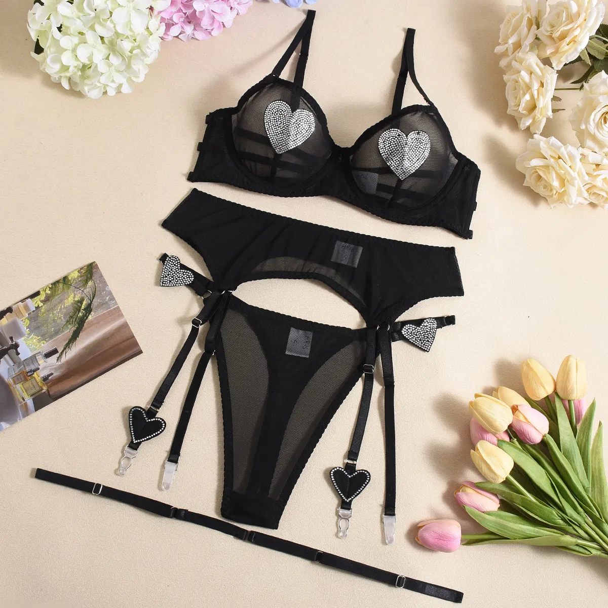 Wholesale Mesh See-Through Underwear Set for Woman Sexy Heart Shaped Rhinestone Lingerie