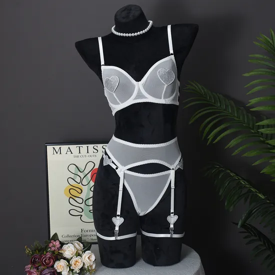 Wholesale Mesh See-Through Underwear Set for Woman Sexy Heart Shaped Rhinestone Lingerie