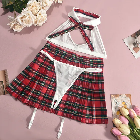 Sexy See-Through Role Play Plaid Bra Set Hot Short Skirt Woman Lingerie