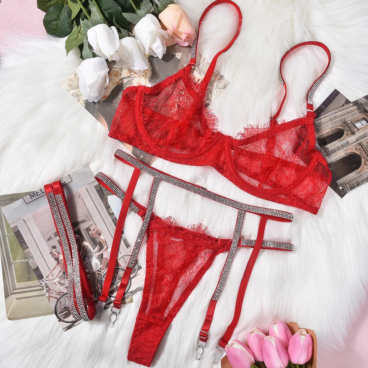 Wholesale Luxury Diamond Shiny Underwear Set for Woman Sexy See-Through Lingerie