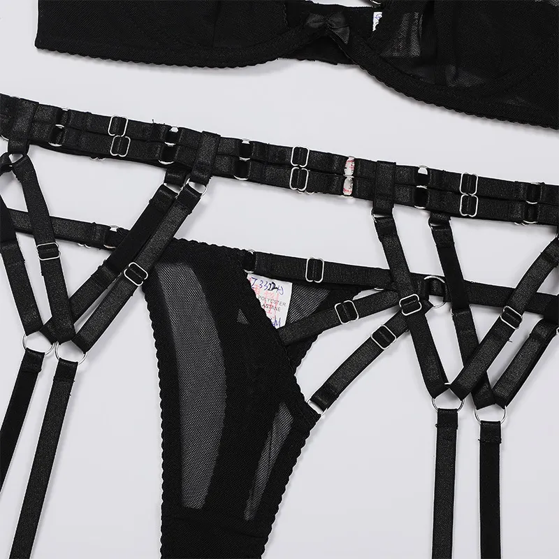 Wholesale Cross-Hollowed Underwear Set for Woman Sexy Transparent Mesh Lingerie