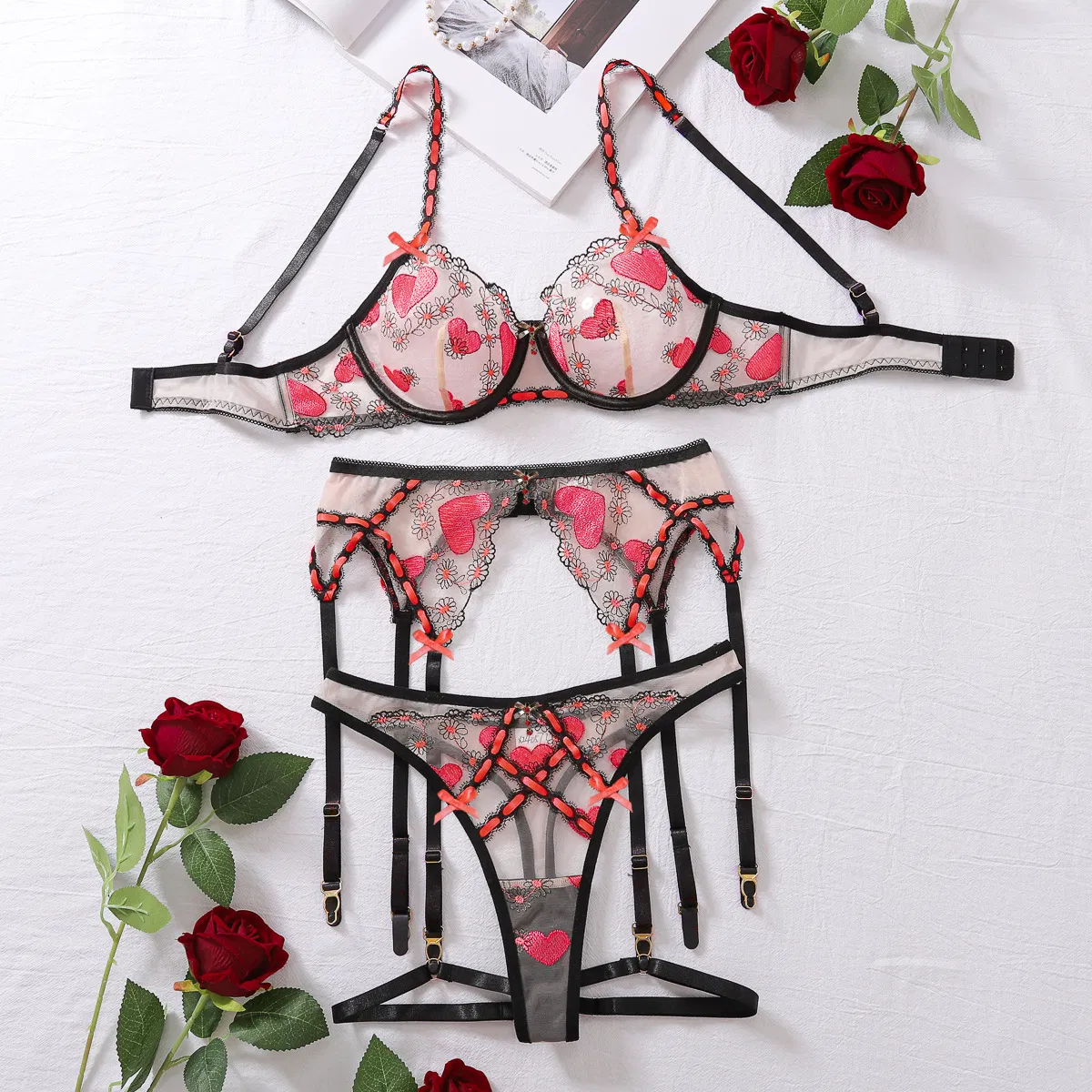 Wholesale See-Through Mesh Underwear Set Sexy Embroidery Pink Heart Lingerie