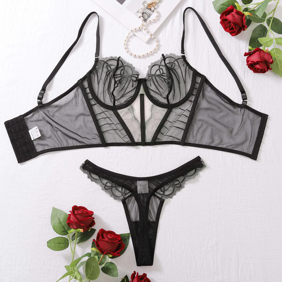 Wholesale New Fishbone Ultra-Thin Bra Panty Sets Sexy Embroidery See-Through Lingerie