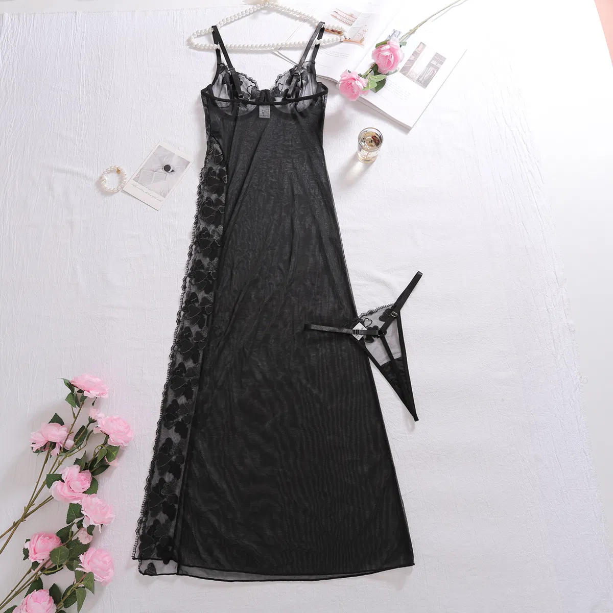 Sexy Embroidery See-Through Mesh Bra Panty Sets New Erotic Long Dress Woman Lingerie