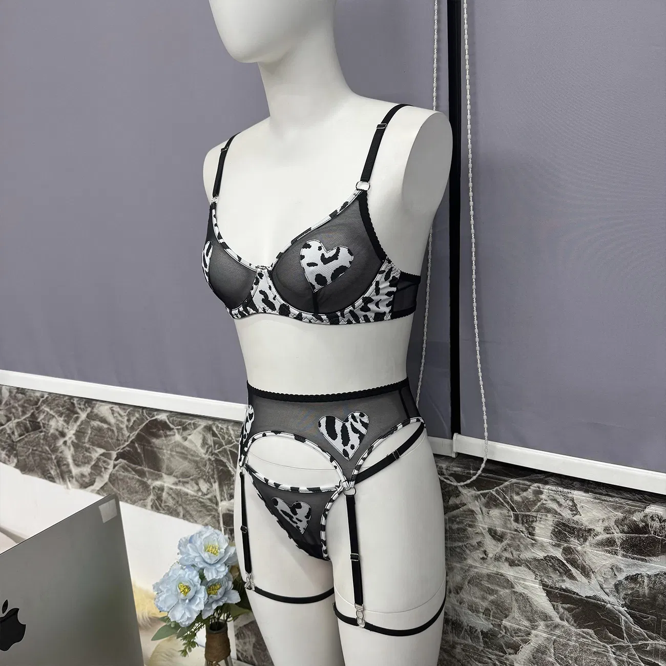 Wholesale Leopard Print Underwear Set Sexy Mesh See Through Women Lingerie