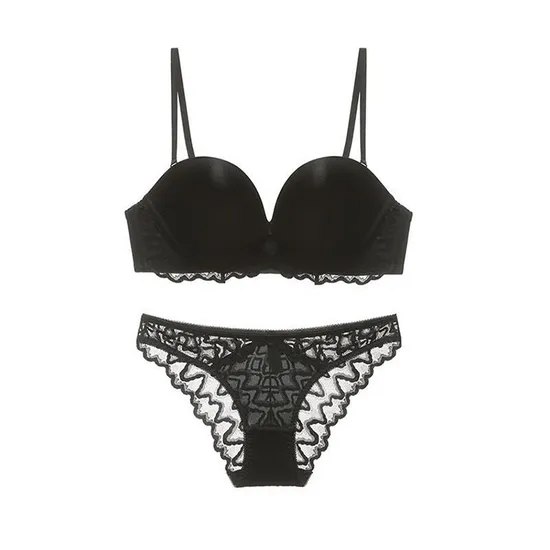 French Ladies Smooth U-Shaped Lace Trim Sexy Breathable Gathering for Women Soft Bra Ultra-Thin Set Sexy Underwear Lingerie