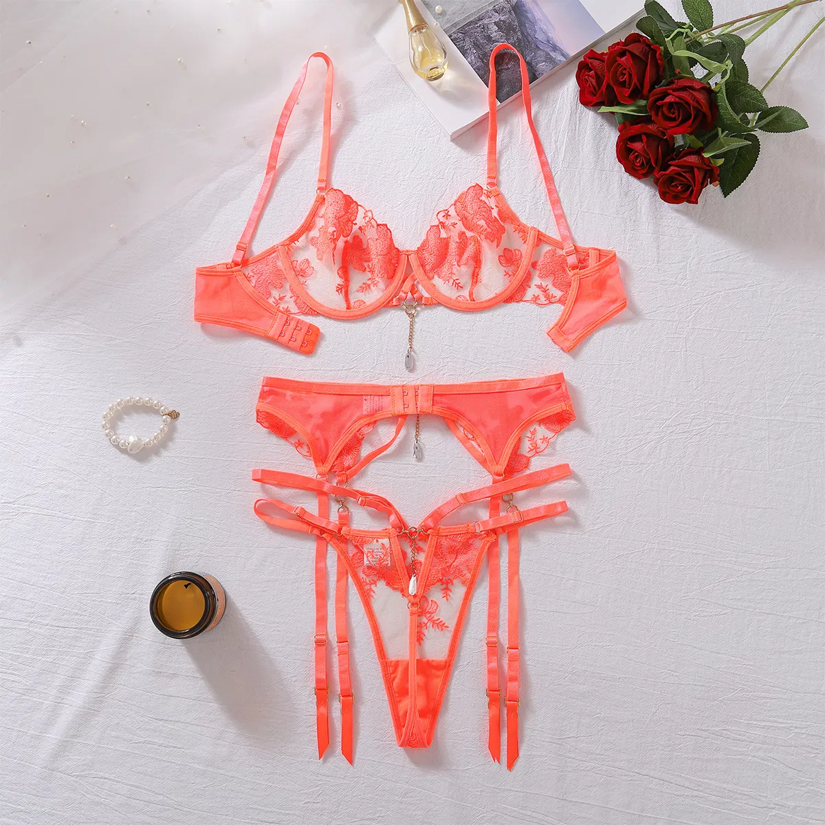 Wholesale Floral Embroidery Sheer Mesh Underwear Set Sexy Solid Color Women's Lingerie