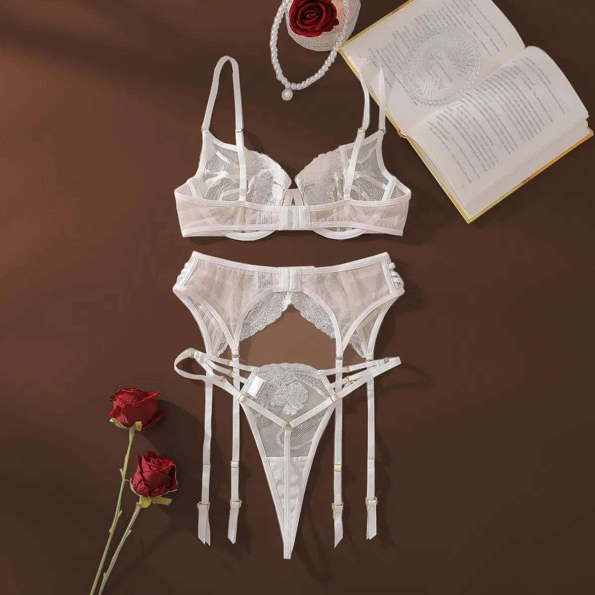 New Arrival Rose Embroidery Underwear Set Wholesale See-Through Woman Lingerie