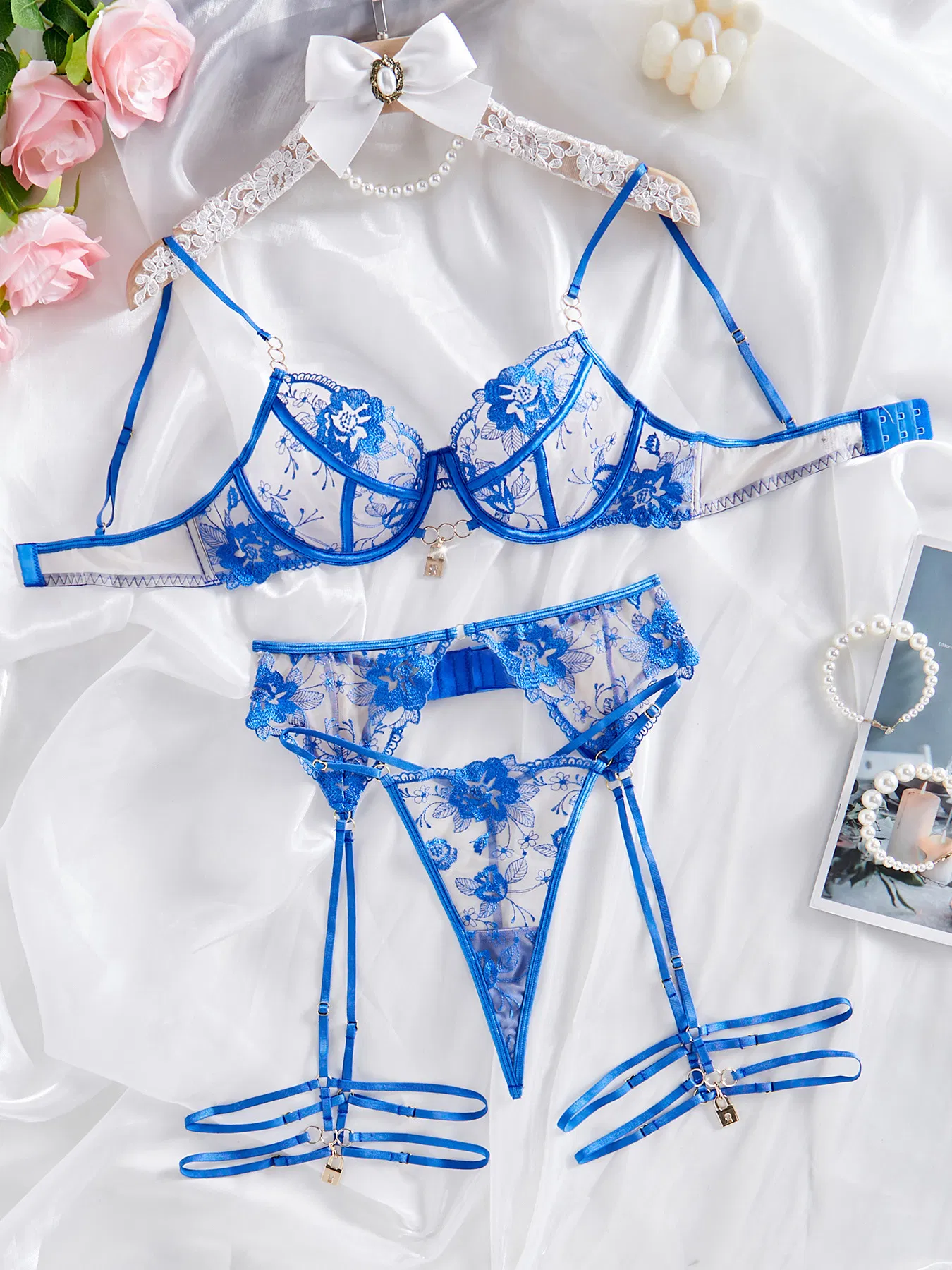 Hot Selling Flower Embroidery Women's Underwear Set Sexy See Through Newest Lingerie