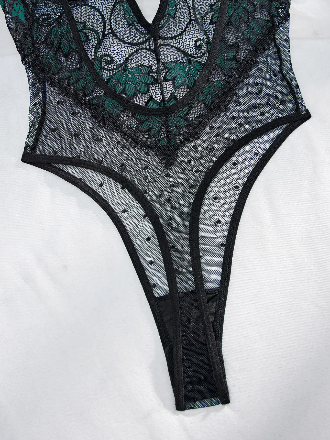 Sexy Floral Embroidery Women's Lingerie Set Hot Luxury Polka DOT Mesh Bodysuit