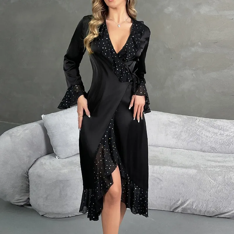 Wholesale Satin V-Neck Long-Sleeved Sleepwear Sexy Ruffled Hem Woman Robe