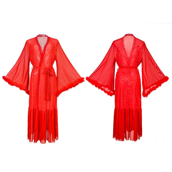 New Fashion V-Neck Long Sleeved Nightgown Sexy High Quality Solid Color Glitter Women's Robe