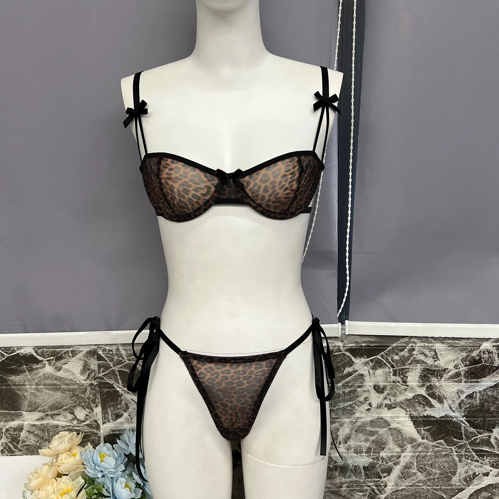 Wholesale Leopard Print Bow Ultra Thin Mesh Bra Set Sexy See-Through Woman Lingerie