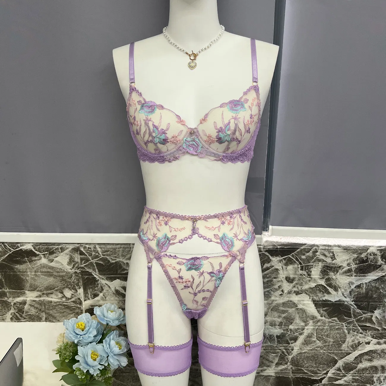 Sexy See-Through Embroidered Mesh Woman Bra Set Hot Erotic Hanging Sock Lingerie