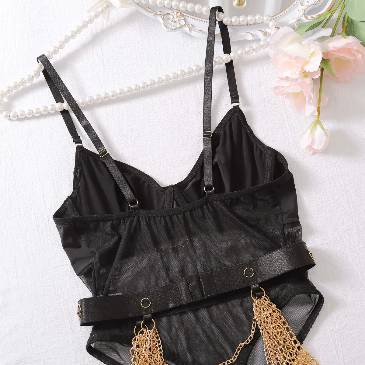 Sexy See-Through Mesh Splicing Women's Lingerie Set New Metal Chain Bodysuit