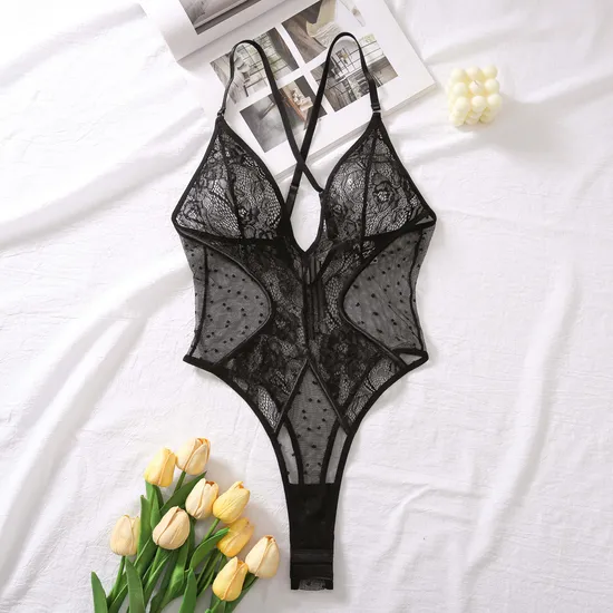 Sexy Deep-V Embroidery Lace Woman Lingerie Hot Selling Cross Strap See-Through Bodysuit