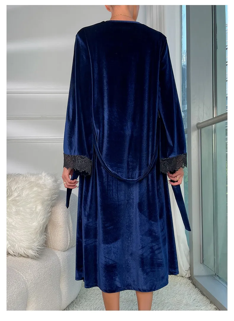 New V-Neck Long Velvet Nightwear Dress Sexy Solid Color with Lace Woman Sleepwear