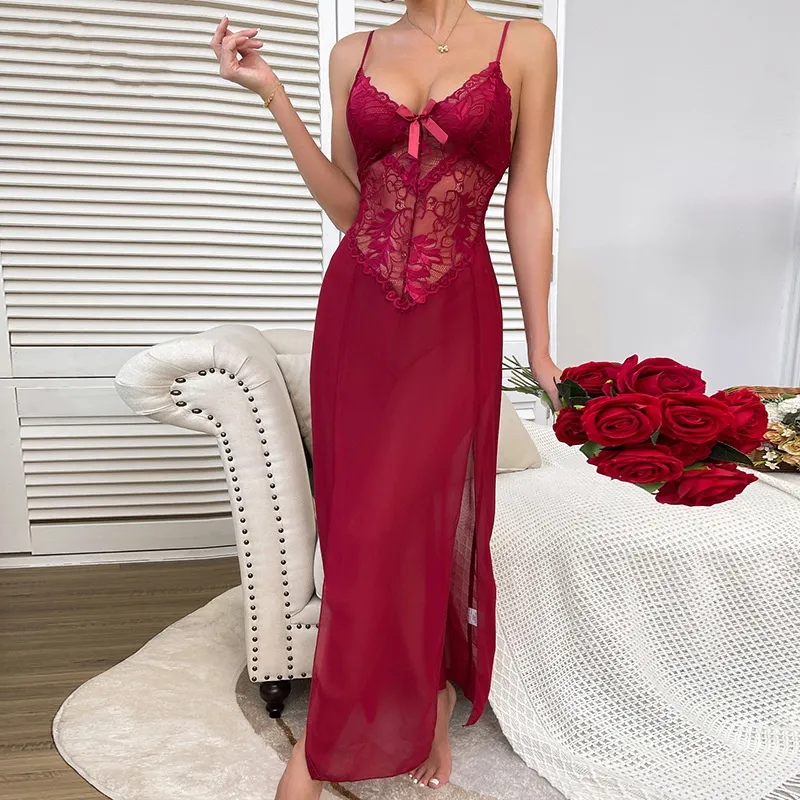 Sexy Embroidery Lace Dress Sleepwear New Arrival Transparent Mesh Ultral-Thin Nightwear