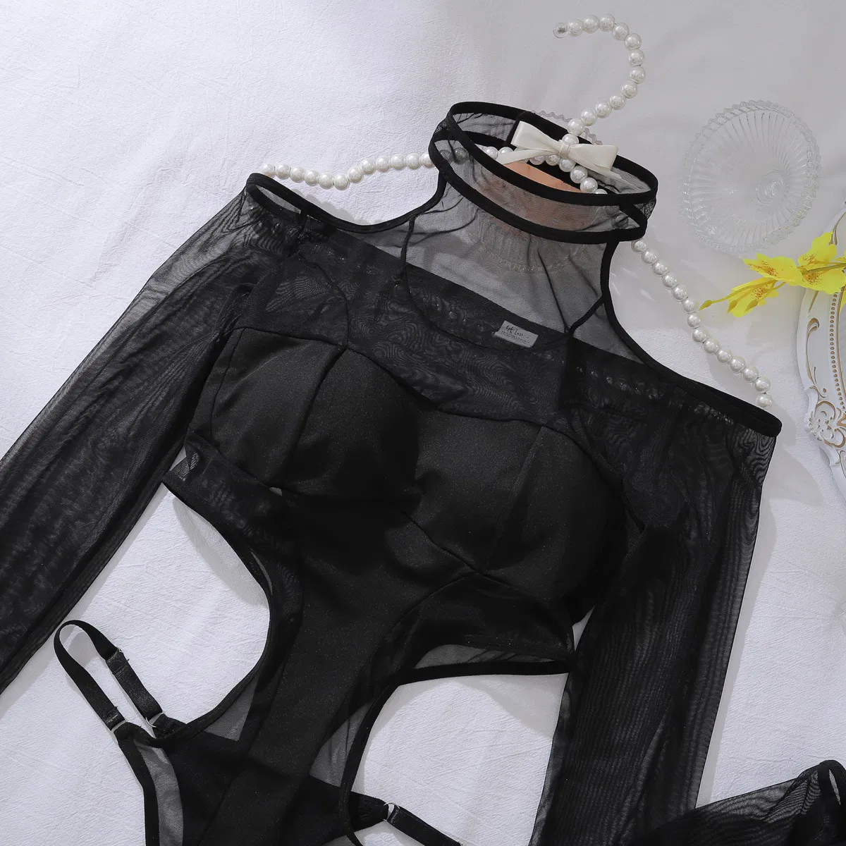 New Hollow out See-Through Woman Bodysuit Sexy Long Sleeve Hanging Neck Lingerie