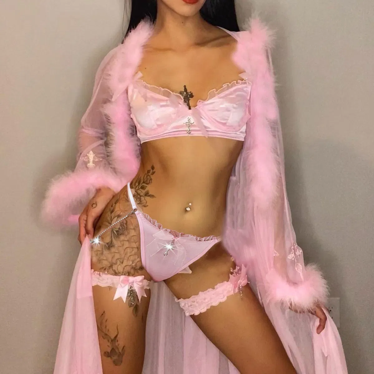 Wholesale See-Through Underwear Set with Gloves Sexy Bow Tie Woman Lingerie