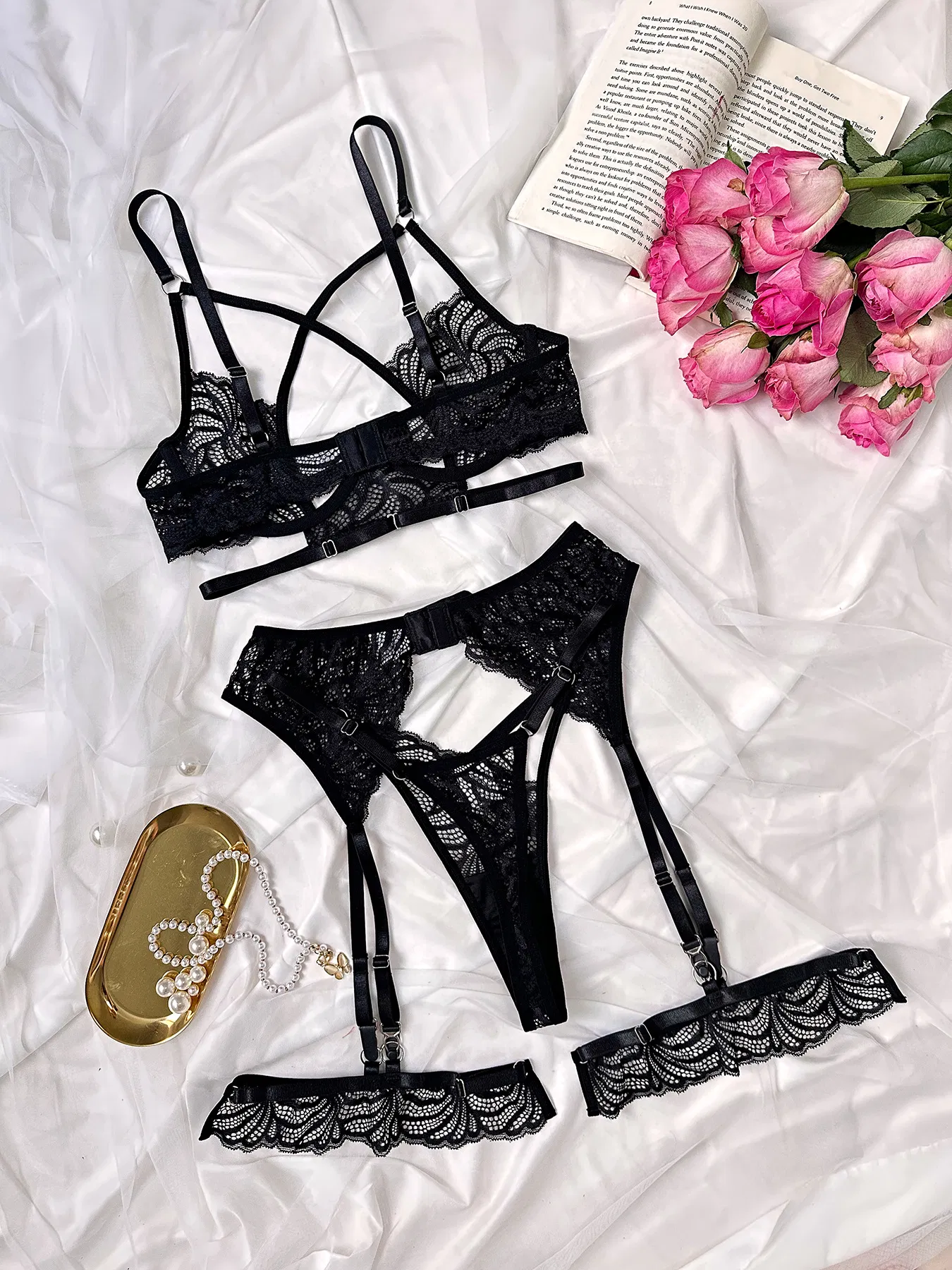 Wholesale Embroidery Lace Underwear Set Sexy Suspenders Cross Hollow out Lingerie