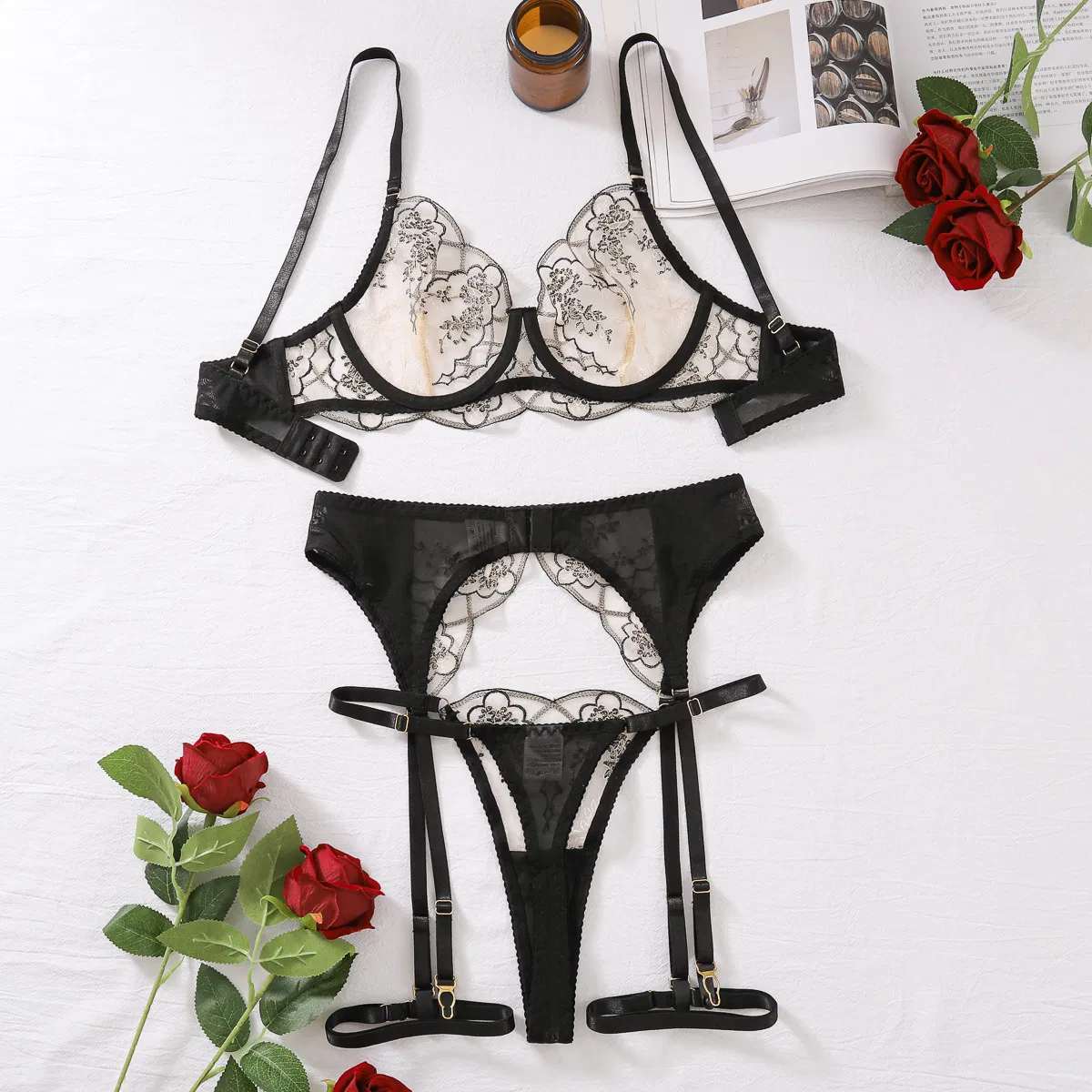 New Transparent Mesh Newest Underwear Set Sexy Embroidery Lace Woman Lingerie