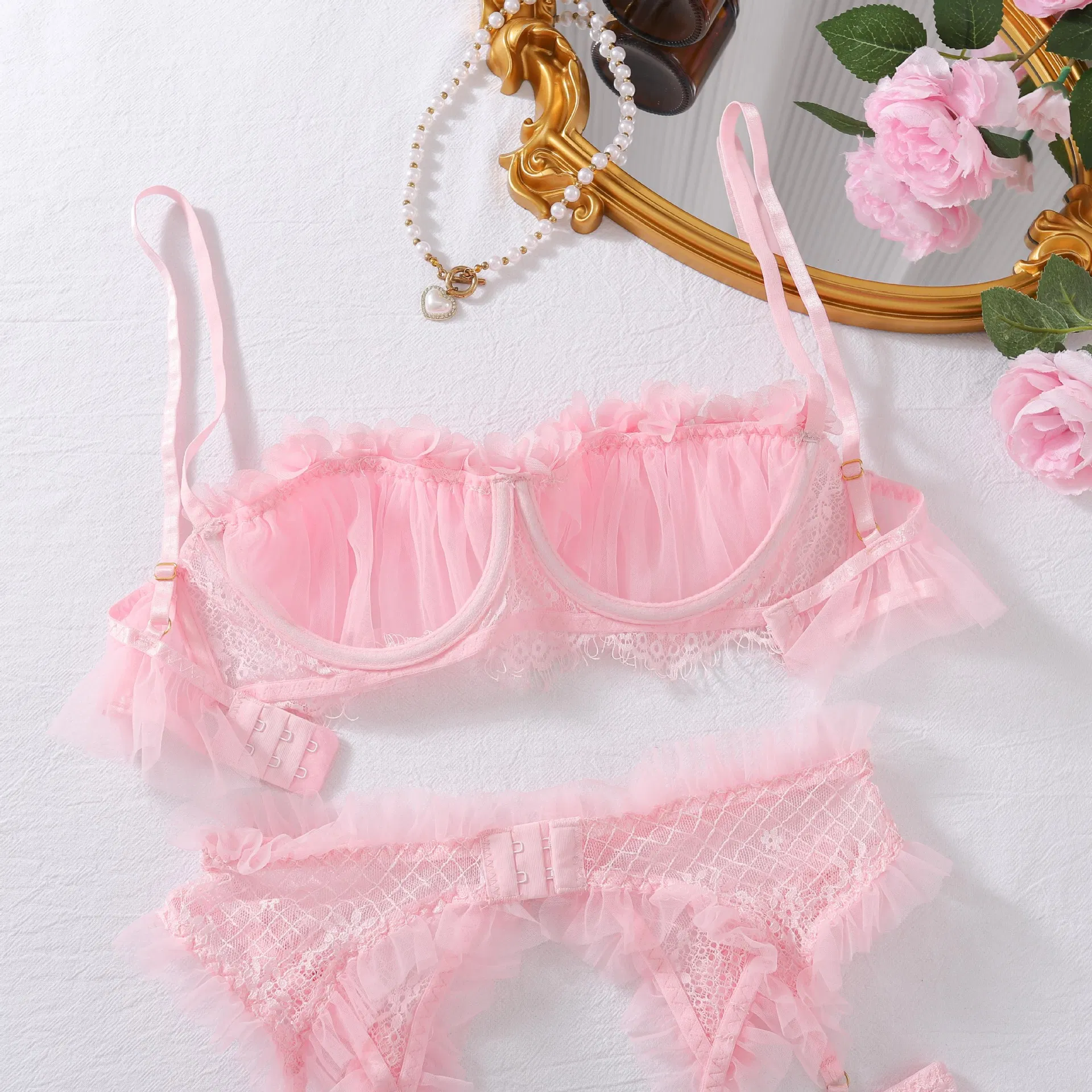 Sexy Hollow out Sheer Mesh Newest Underwear Set New Arrival Ruffle Woman Lingerie