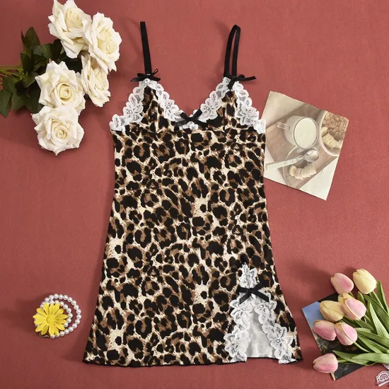 Sexy Lace Patchwork Leopard Print Bra and Panty Set Hot Sell Leopard Print Bow Lingerie