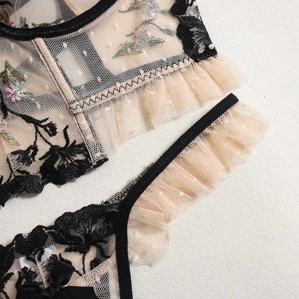 Wholesale Erotic Ruffle See-Through Mesh Underwear Set Sexy Fishbone 2 Piece Lingerie