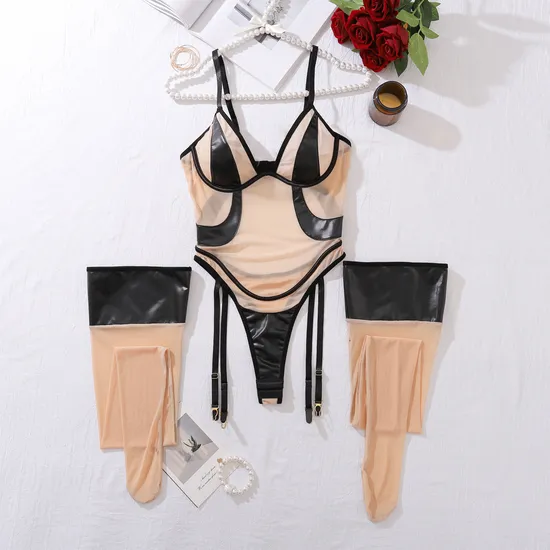 Sexy PU Leather Splicing Ultral-Thin One Piece Lingerie Set New Erotic See Through Bodysuit