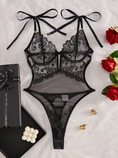 Sexy Floral Embroidery Deep V Untrl-Thin Bodysuit New Style Women One Piece Lingerie