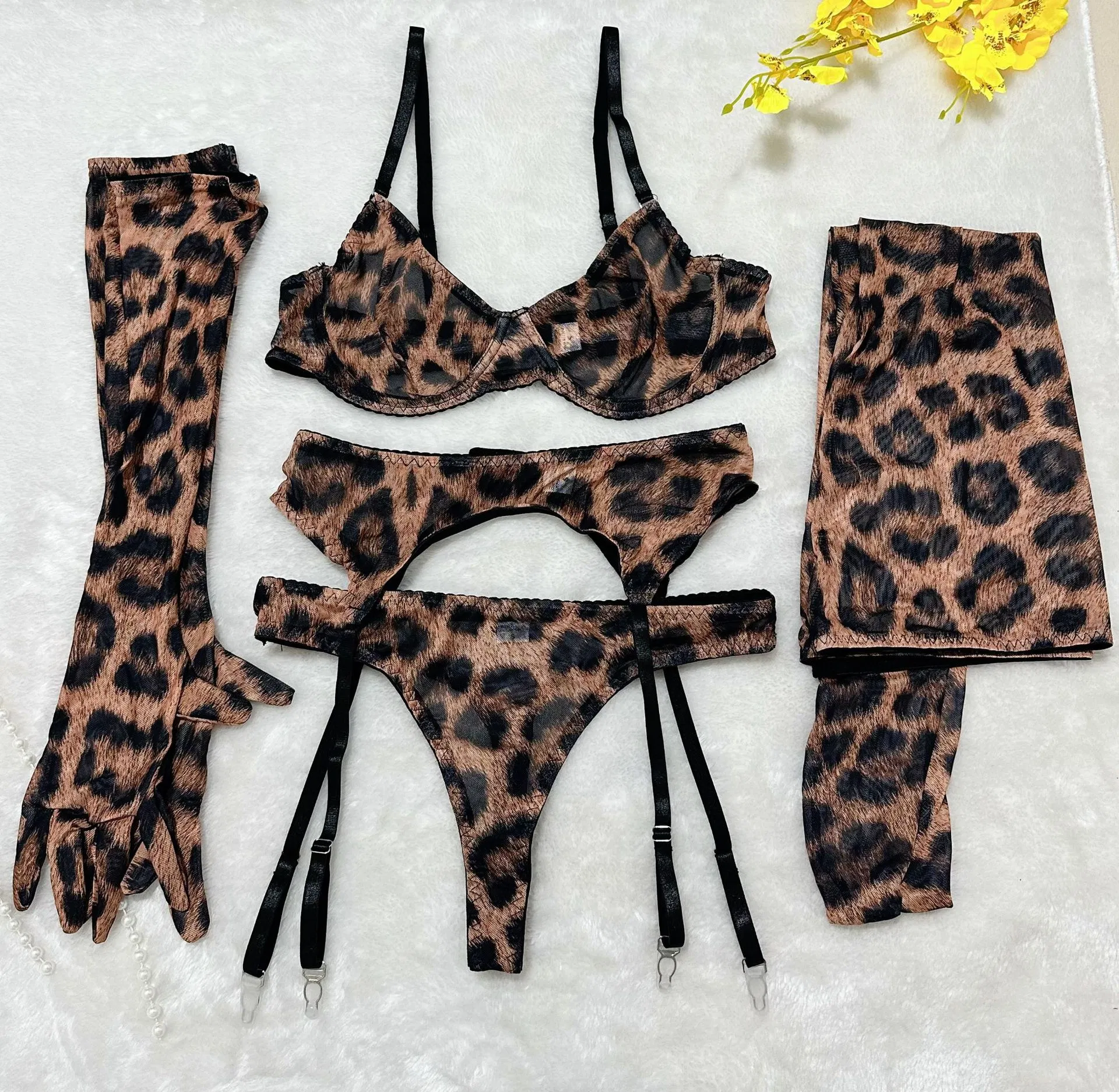 Wholesale Long Sleeve Underwear Set with Glove and Stocking Sexy Tie Dye Woman Lingerie