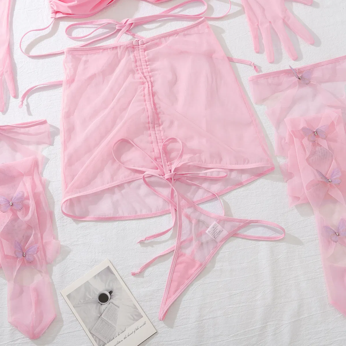 Sexy Transparent Mesh Hanging Neck Underwear Set Wholesale Hollow out Bow Stockings Lingerie