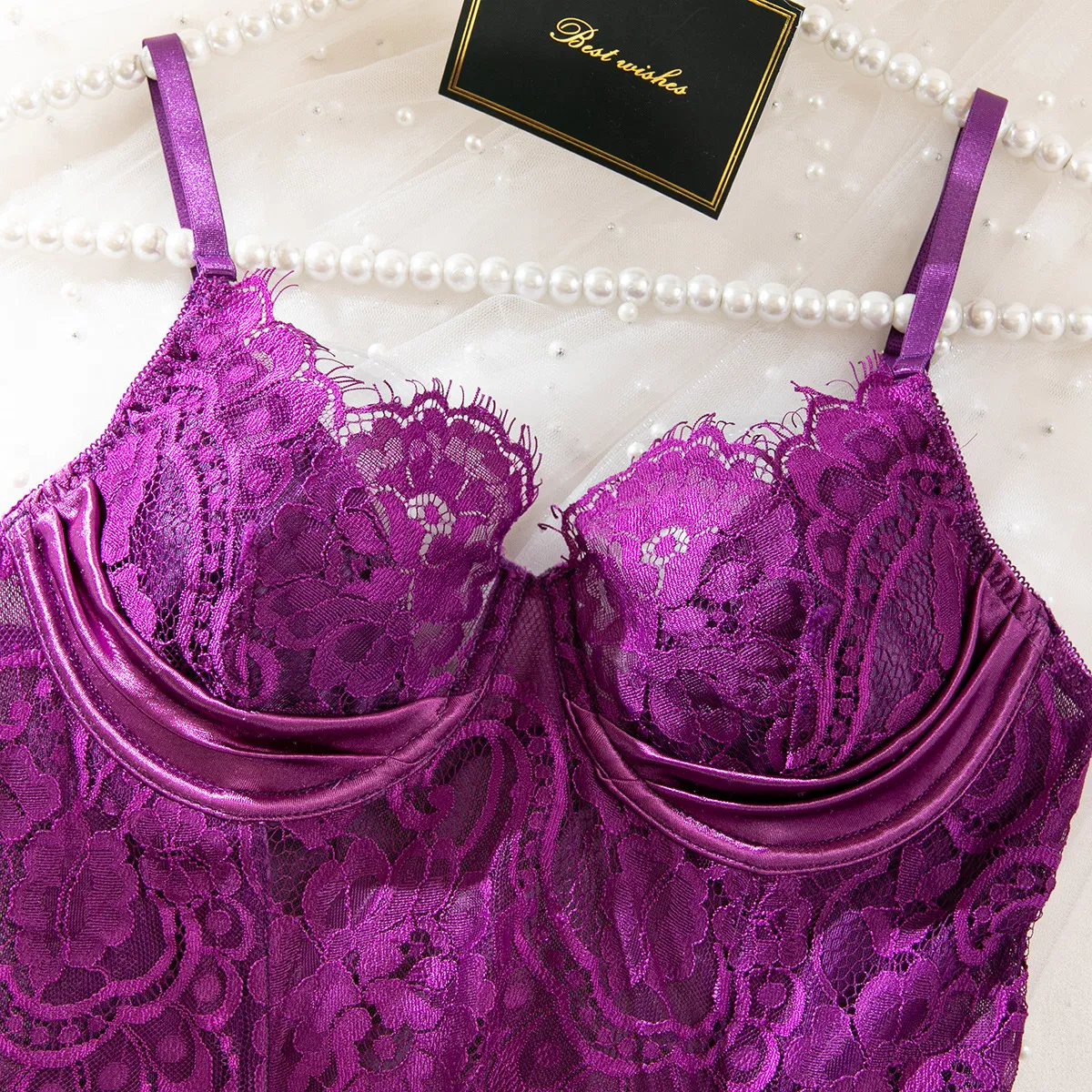 Sexy Ultra-Thin Eyelash Lace Underwear Set with Stocking Wholesale Skirt 3 Piece Women's Lingerie