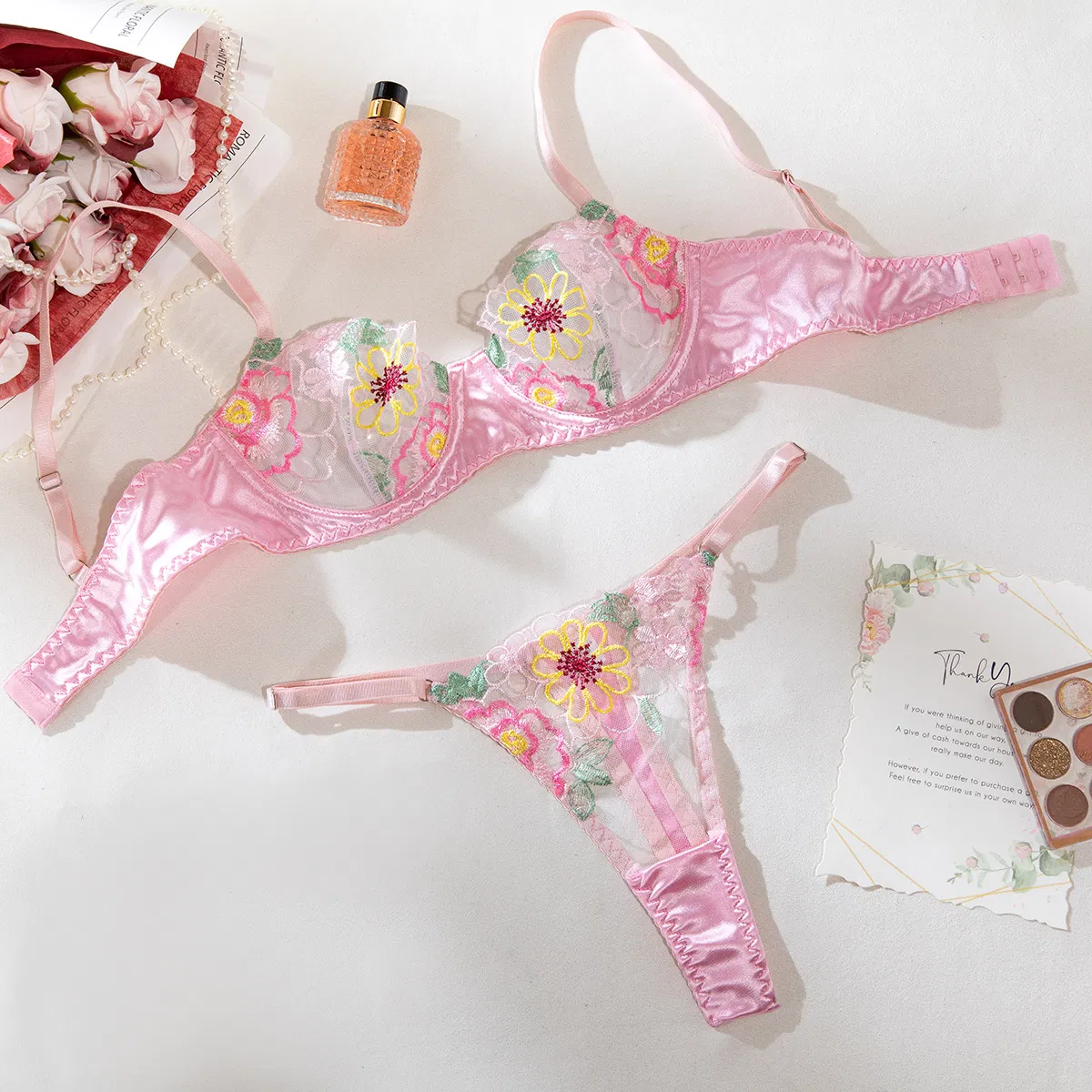 Sexy Floral Embroidery Woman Bra Set Wholesale Transparent Thin Satin Two-Piece Lingerie