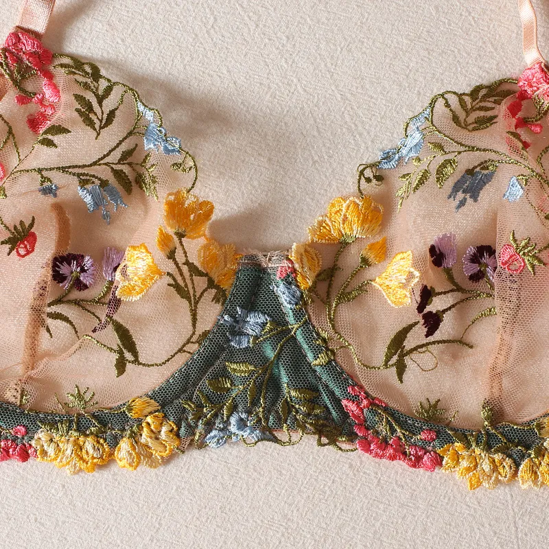 Sexy Transparent Mesh Embroidery Underwear and Panty Set Hot Temptation Woman Lingerie