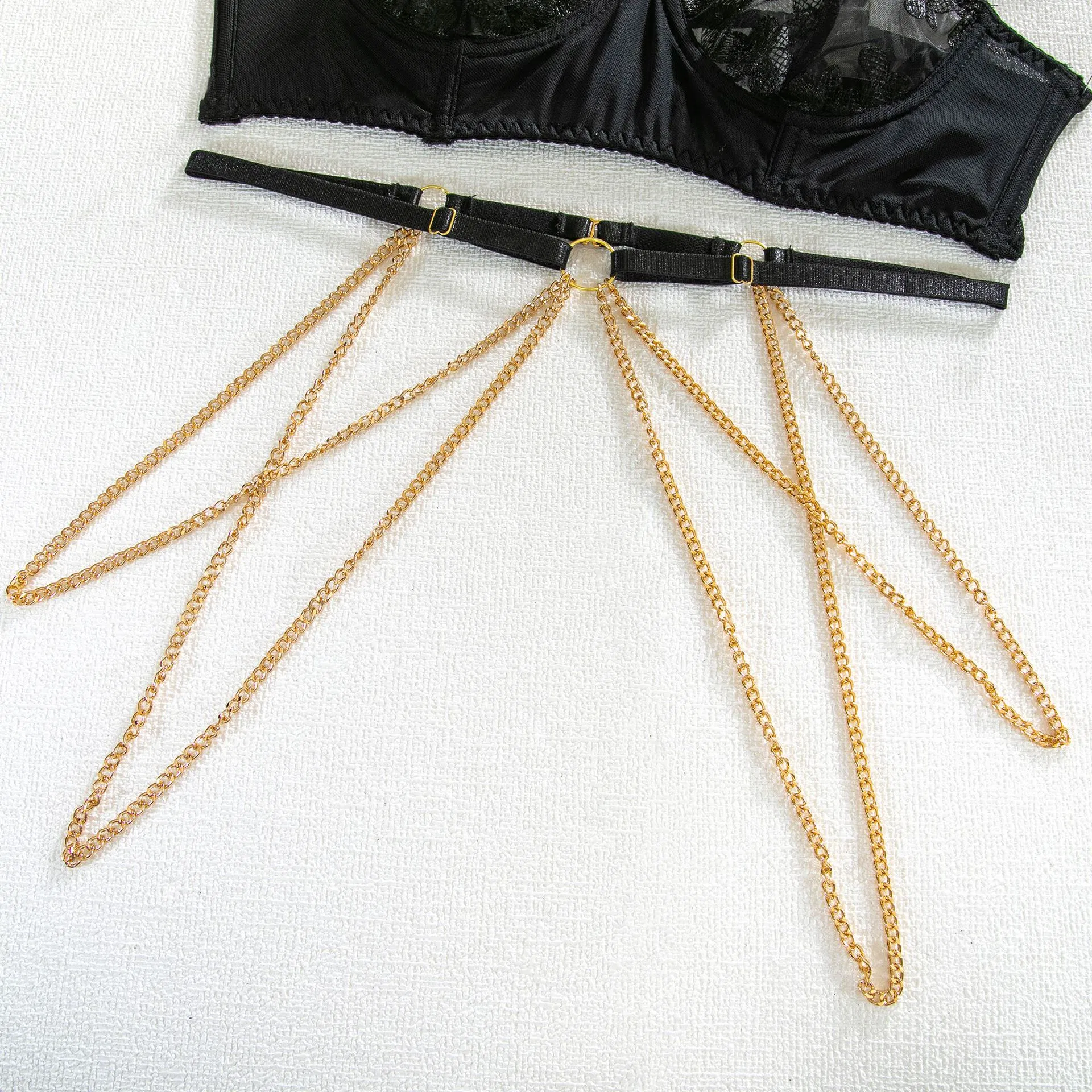Wholesale Transparent Mesh Underwear Set Sexy Erotic Metal Chain Embroidery Lingerie