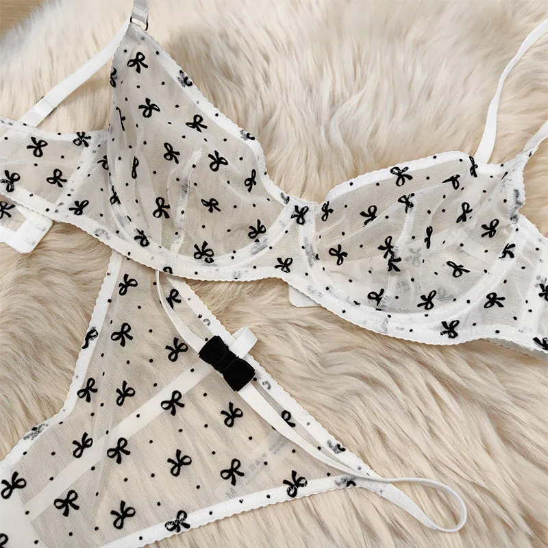 Classic Bow Pattern Printed Underwear Mesh Perspective Temptation Sexy Women Lingerie