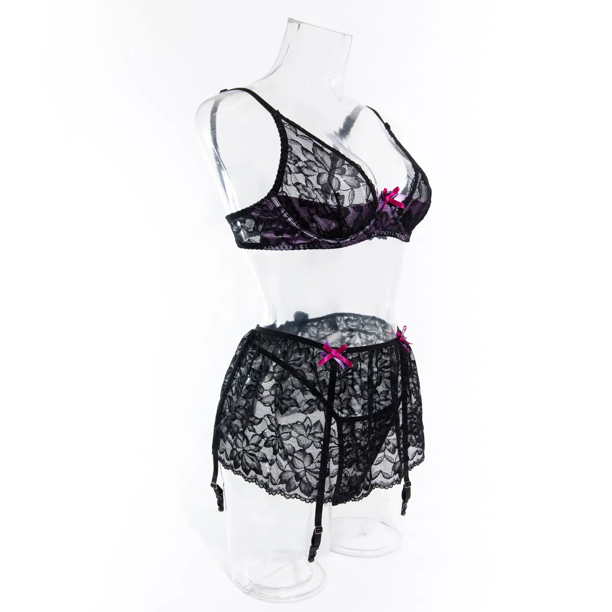 Sexy Embroidered Lace Deep V Bra Set with Stocking New Transparent Women Lingerie