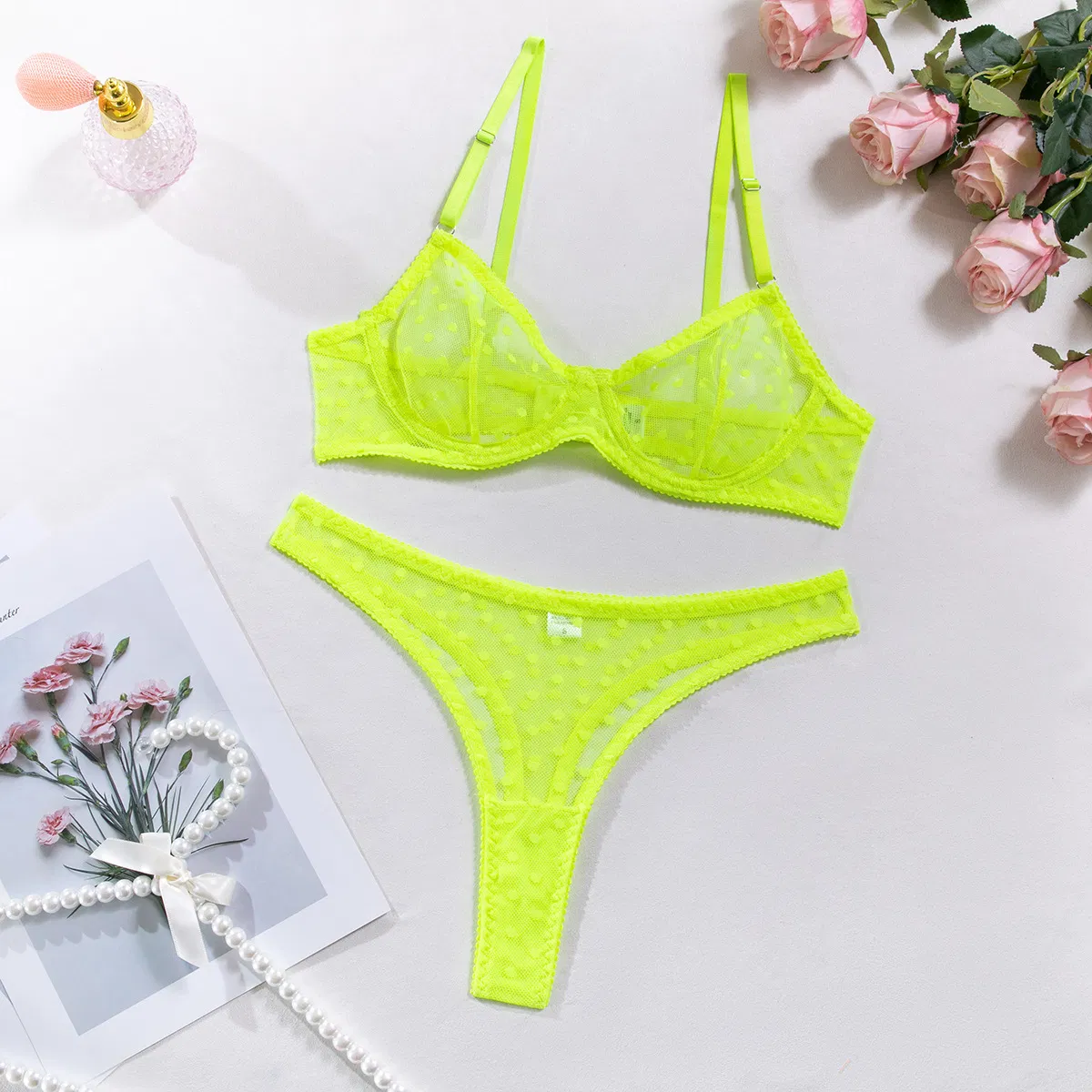 Wholesale Polka Dots Perspective Mesh Bra Set Sexy Thin Two-Piece Lingerie