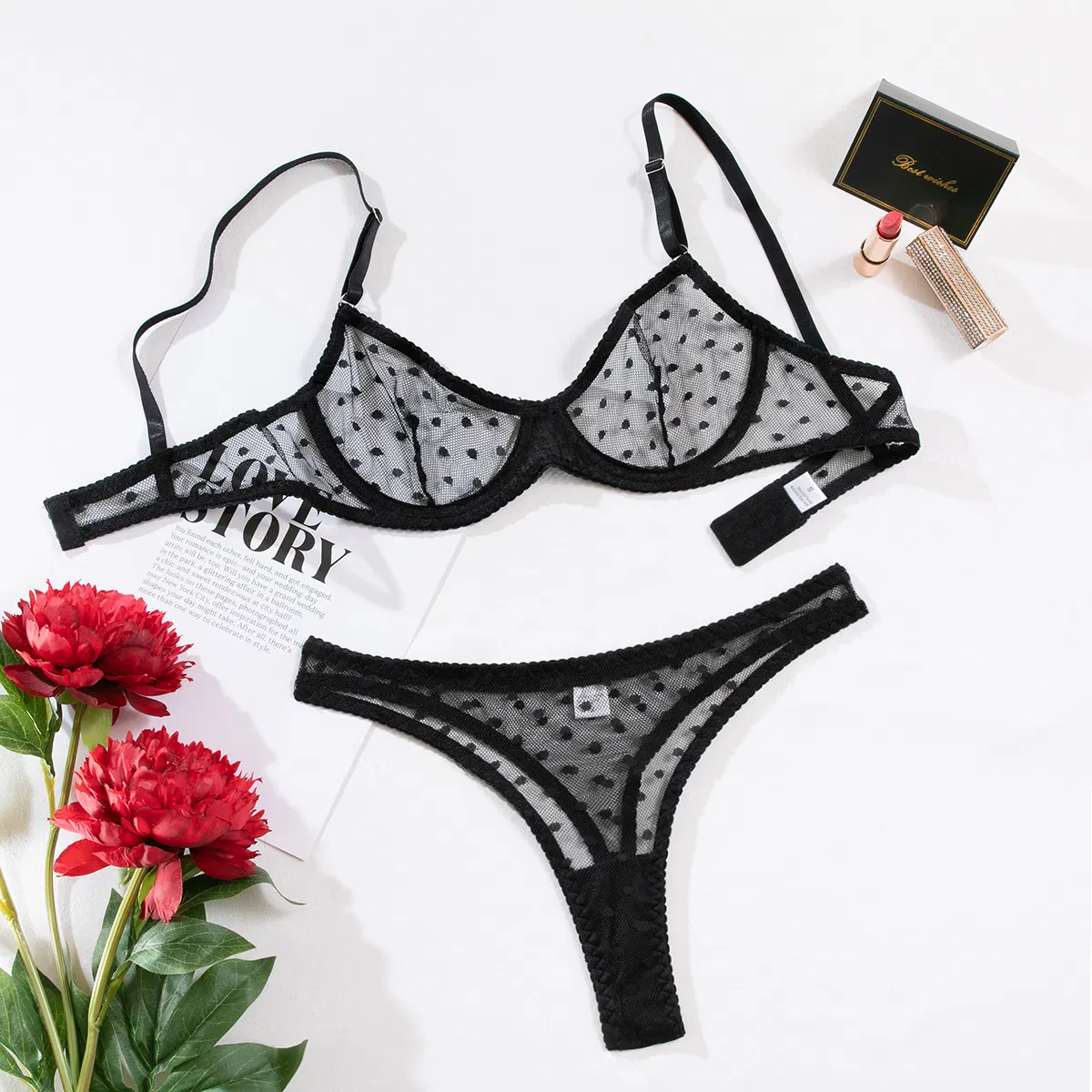 Wholesale Polka Dots Perspective Mesh Bra Set Sexy Thin Two-Piece Lingerie