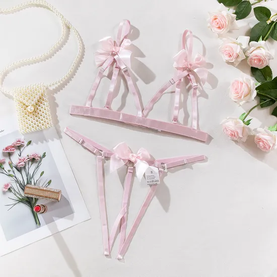 Wholesale New Woman Bra Panty Set Sexy Bow Hollow out Bondage Open Lingerie